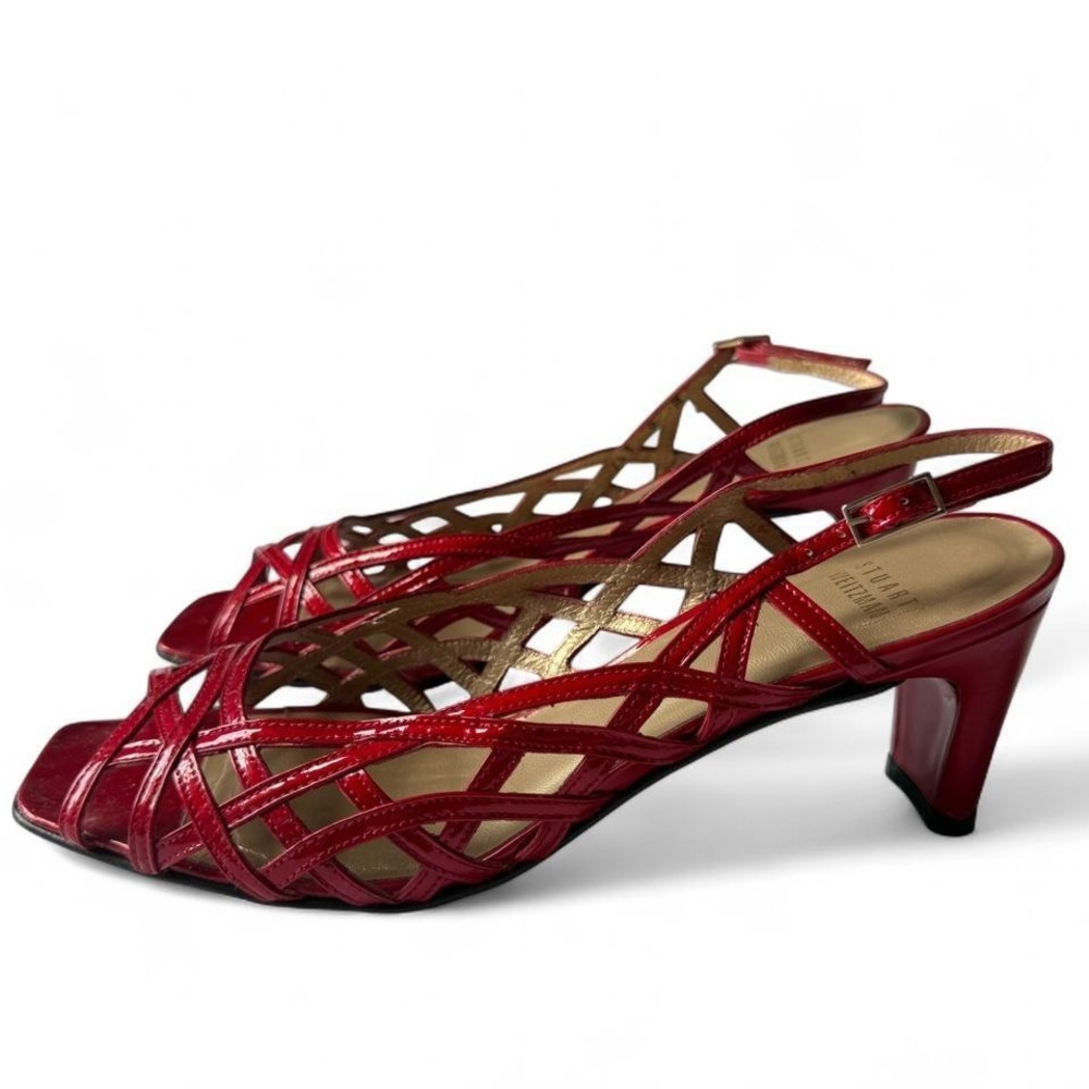 Stuart Weitzman Red Patent Lattice Heels Made in Spain Strappy Kitten Sz 9
